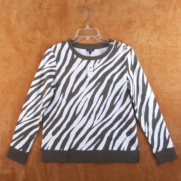 TALBOTS Womens Sweater Small Brown Cream Stripe Pullover Zebra Button Shoulder - Picture 1 of 9